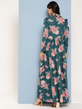 Ahalyaa Floral Print Puff Sleeves Tie-Up Neck Crepe Ethnic Gown With Cut-Out Detail