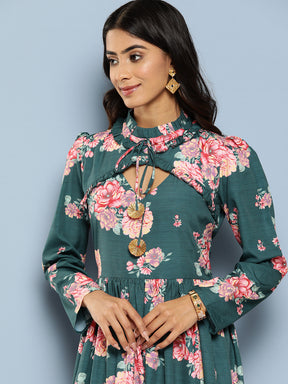 Ahalyaa Floral Print Puff Sleeves Tie-Up Neck Crepe Ethnic Gown With Cut-Out Detail