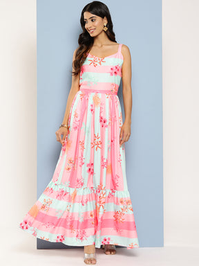 Ahalyaa Striped Floral Print Crepe Maxi Ethnic Dress