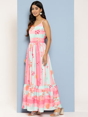 Ahalyaa Striped Floral Print Crepe Maxi Ethnic Dress