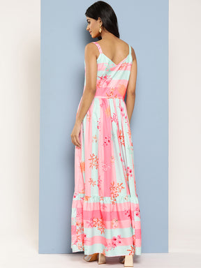 Ahalyaa Striped Floral Print Crepe Maxi Ethnic Dress