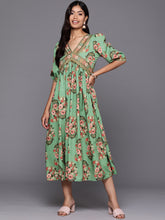 Ahalyaa Floral Print Puff Sleeve Crepe A-Line Midi Dress