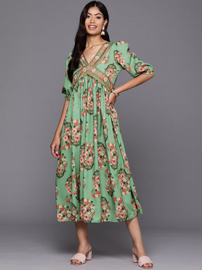 Ahalyaa Floral Print Puff Sleeve Crepe A-Line Midi Dress