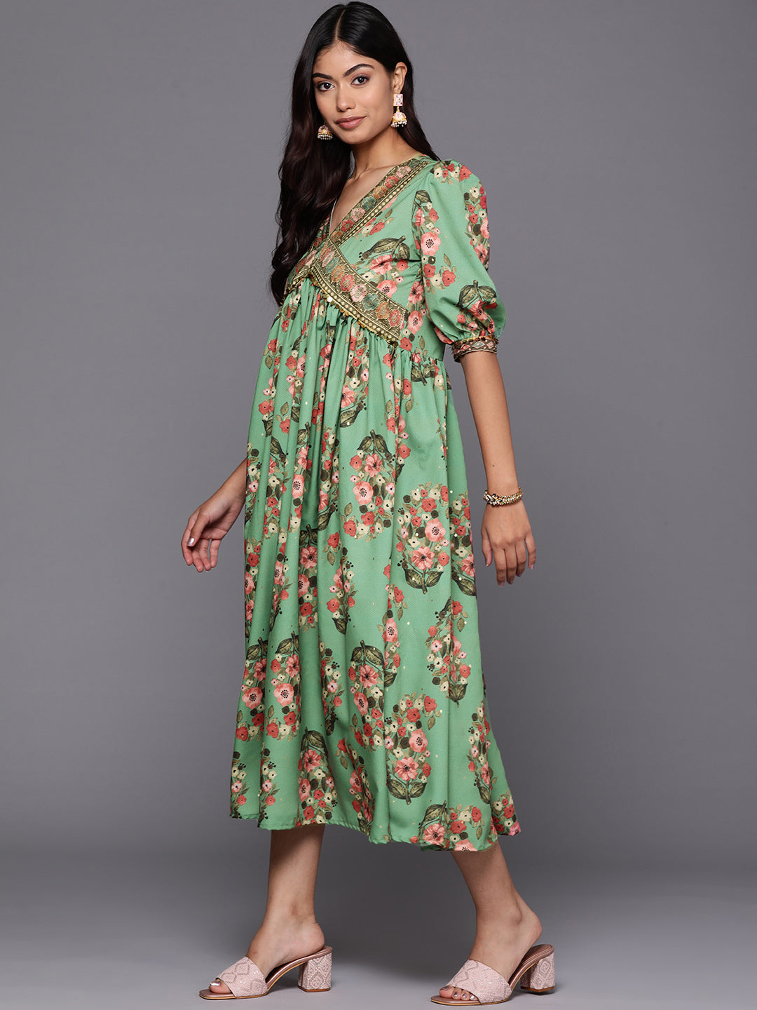 Ahalyaa Floral Print Puff Sleeve Crepe A-Line Midi Dress