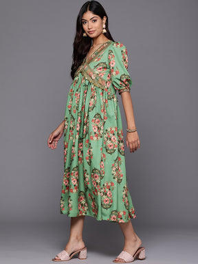 Ahalyaa Floral Print Puff Sleeve Crepe A-Line Midi Dress