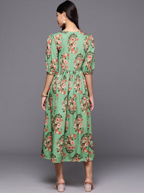 Ahalyaa Floral Print Puff Sleeve Crepe A-Line Midi Dress