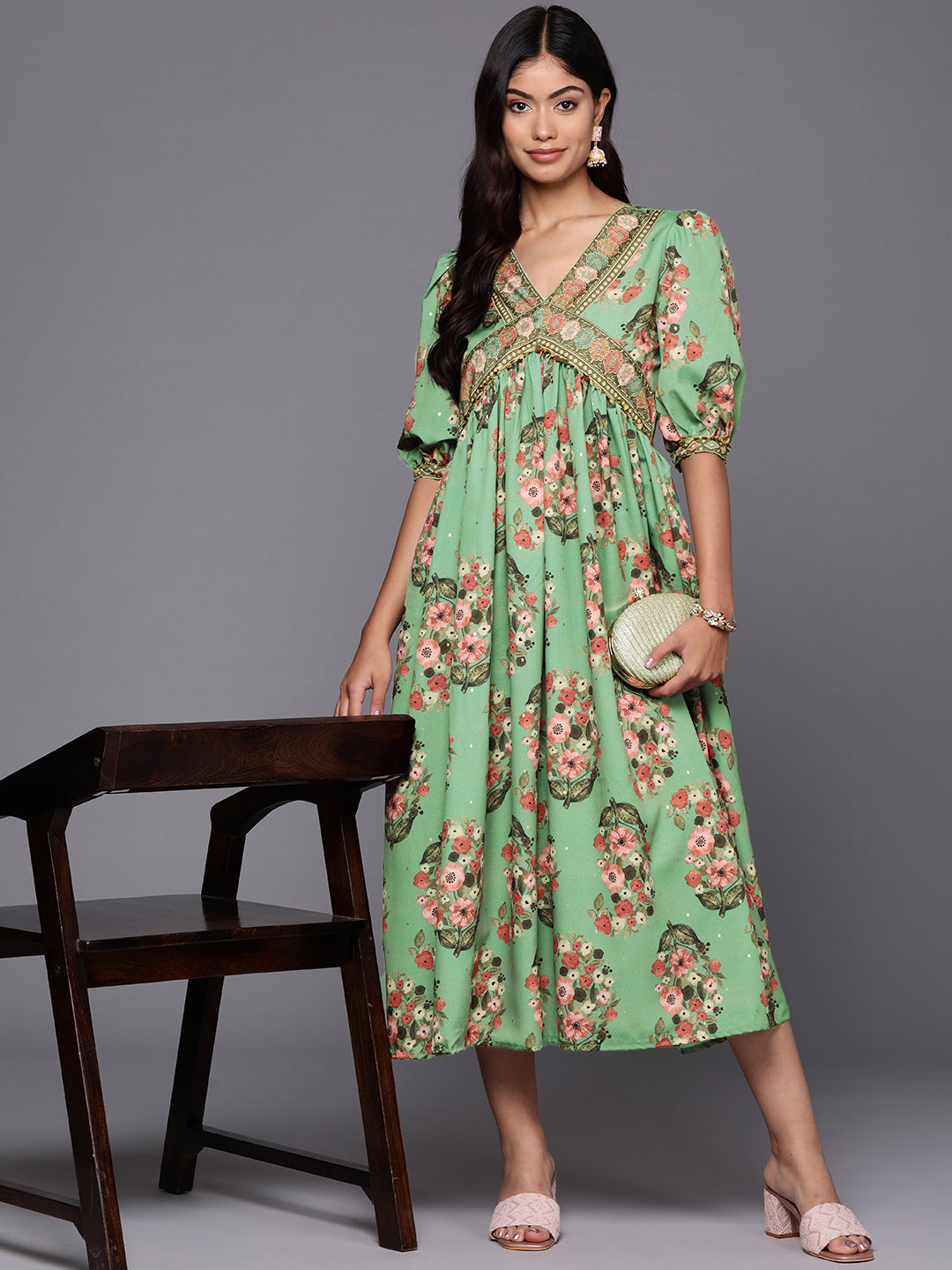 Ahalyaa Floral Print Puff Sleeve Crepe A-Line Midi Dress