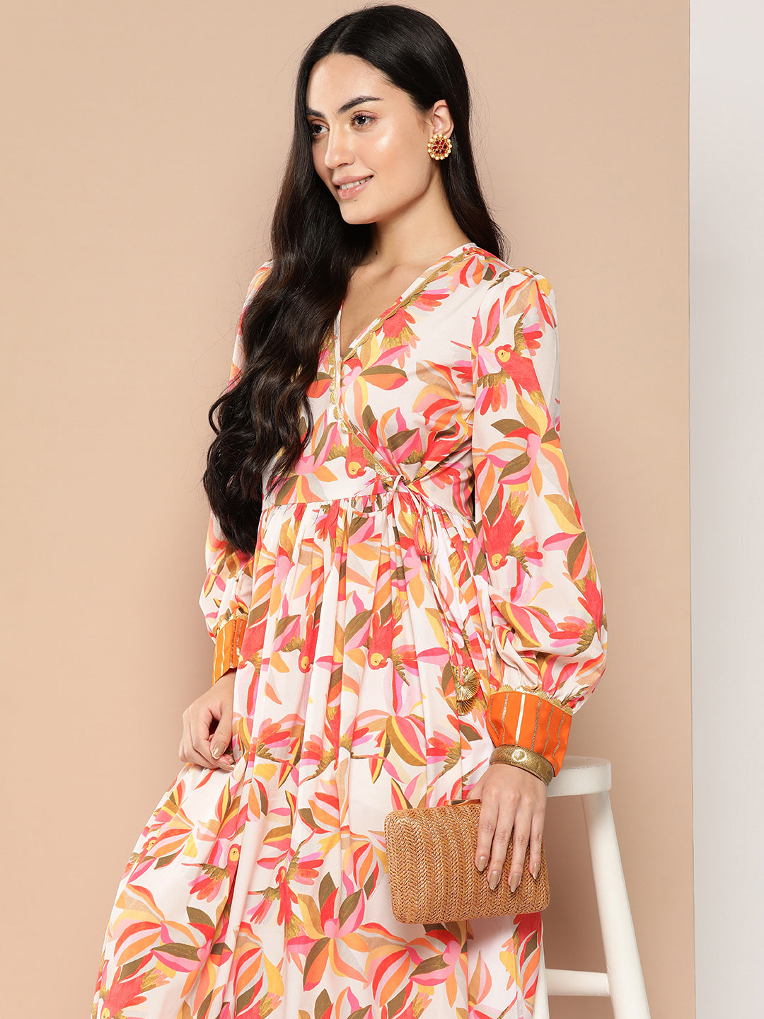 Ahalyaa Floral Printed Tie-Ups Crepe Empire Ethnic Dress