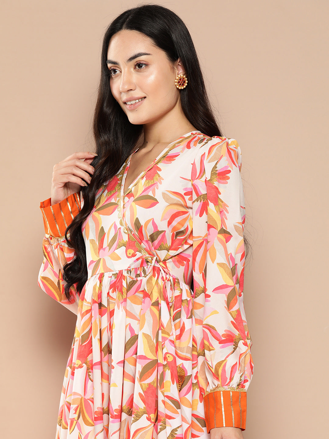 Ahalyaa Floral Printed Tie-Ups Crepe Empire Ethnic Dress