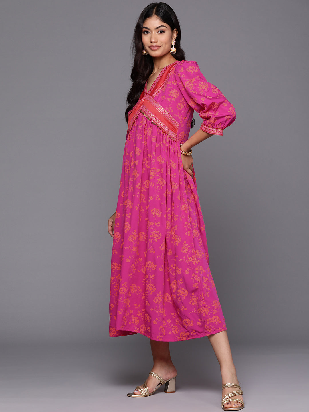 Ahalyaa Floral Print Puff Sleeve A-Line Midi Dress