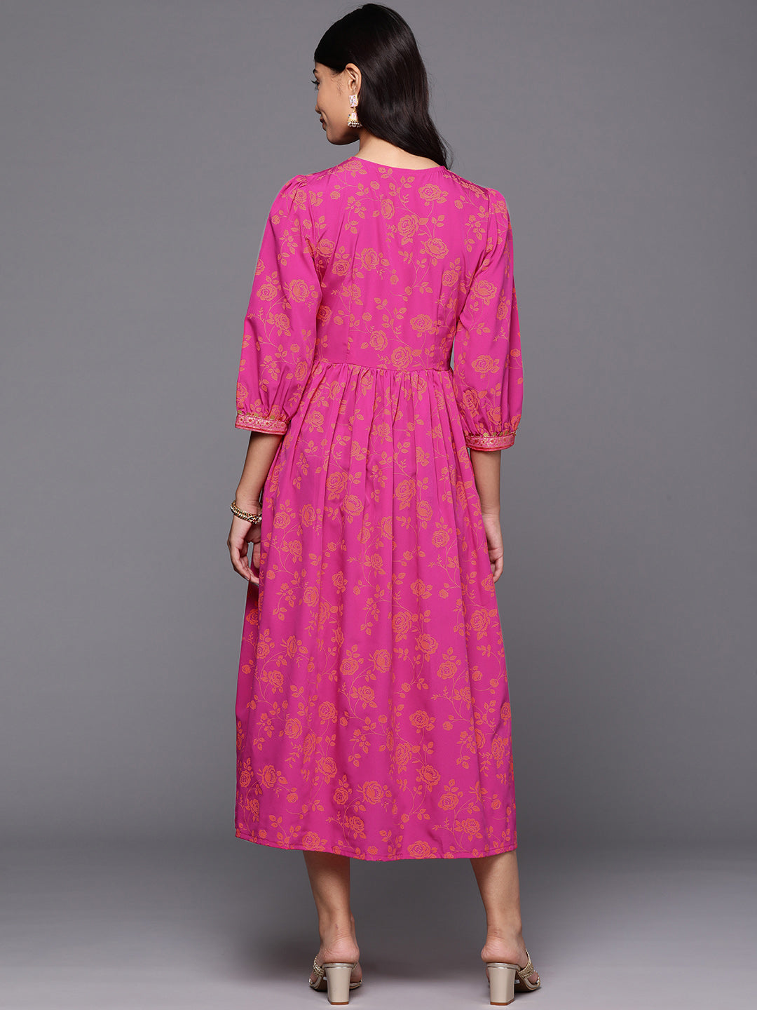 Ahalyaa Floral Print Puff Sleeve A-Line Midi Dress