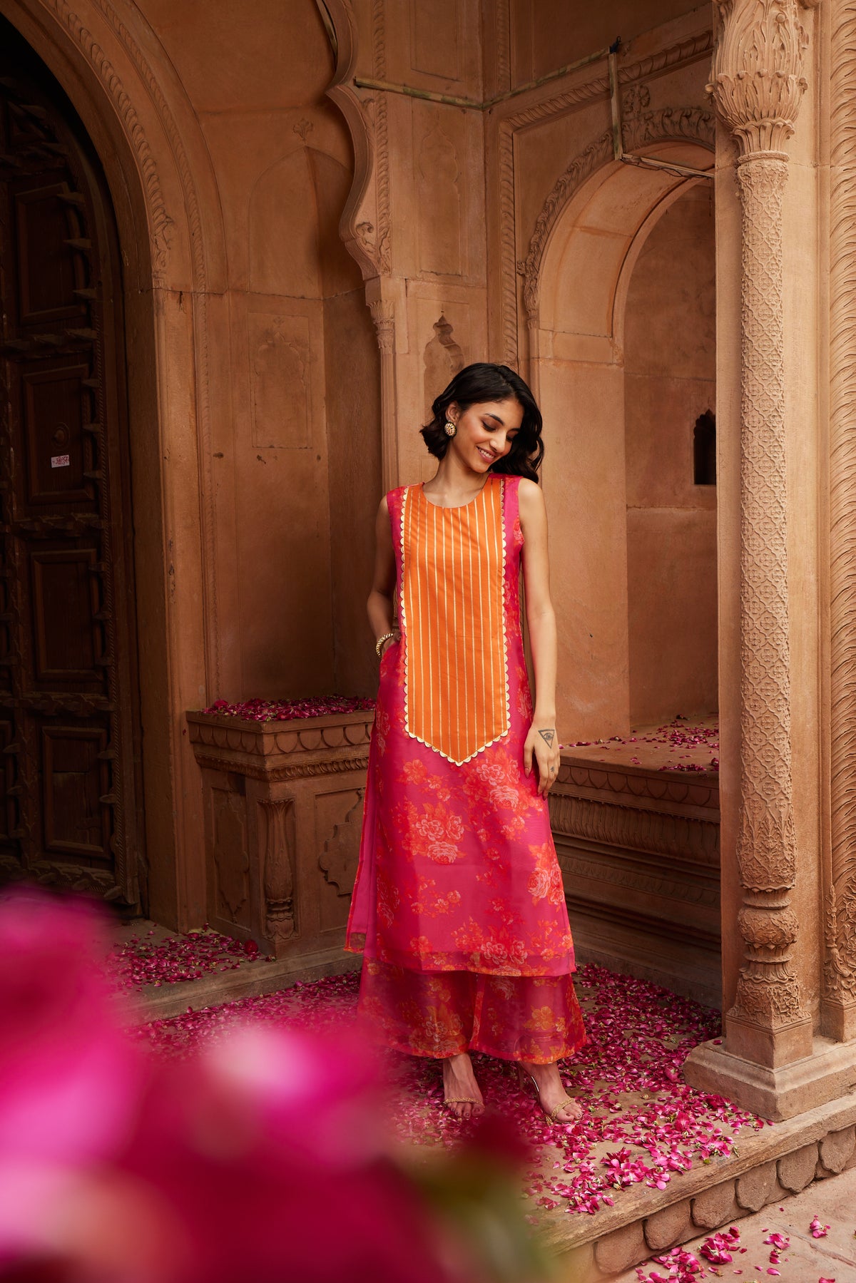 Pink Floral Printed Gotta Patti Kurta with Palazzos