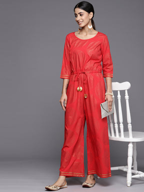 Ahalyaa Printed Crepe Basic Jumpsuit With Waist Tie-Ups