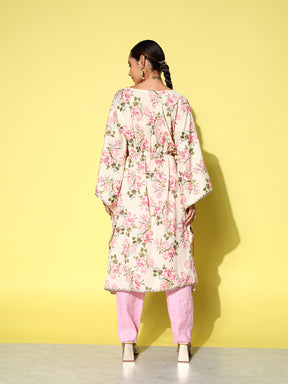 Ahalyaa Women Floral Printed Flared Sleeves Gotta Patti Floral Crepe Kaftan Kurta