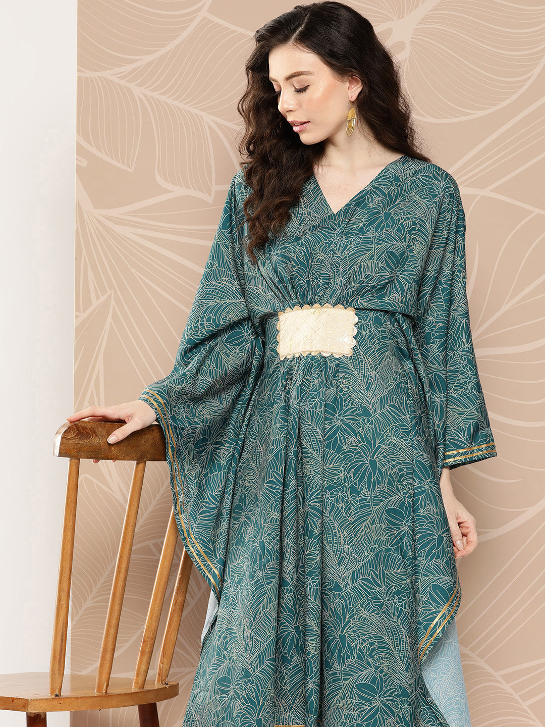 Ahalyaa Women Floral Printed Flared Sleeves Patchwork Belted Detail Crepe Kaftan Kurta