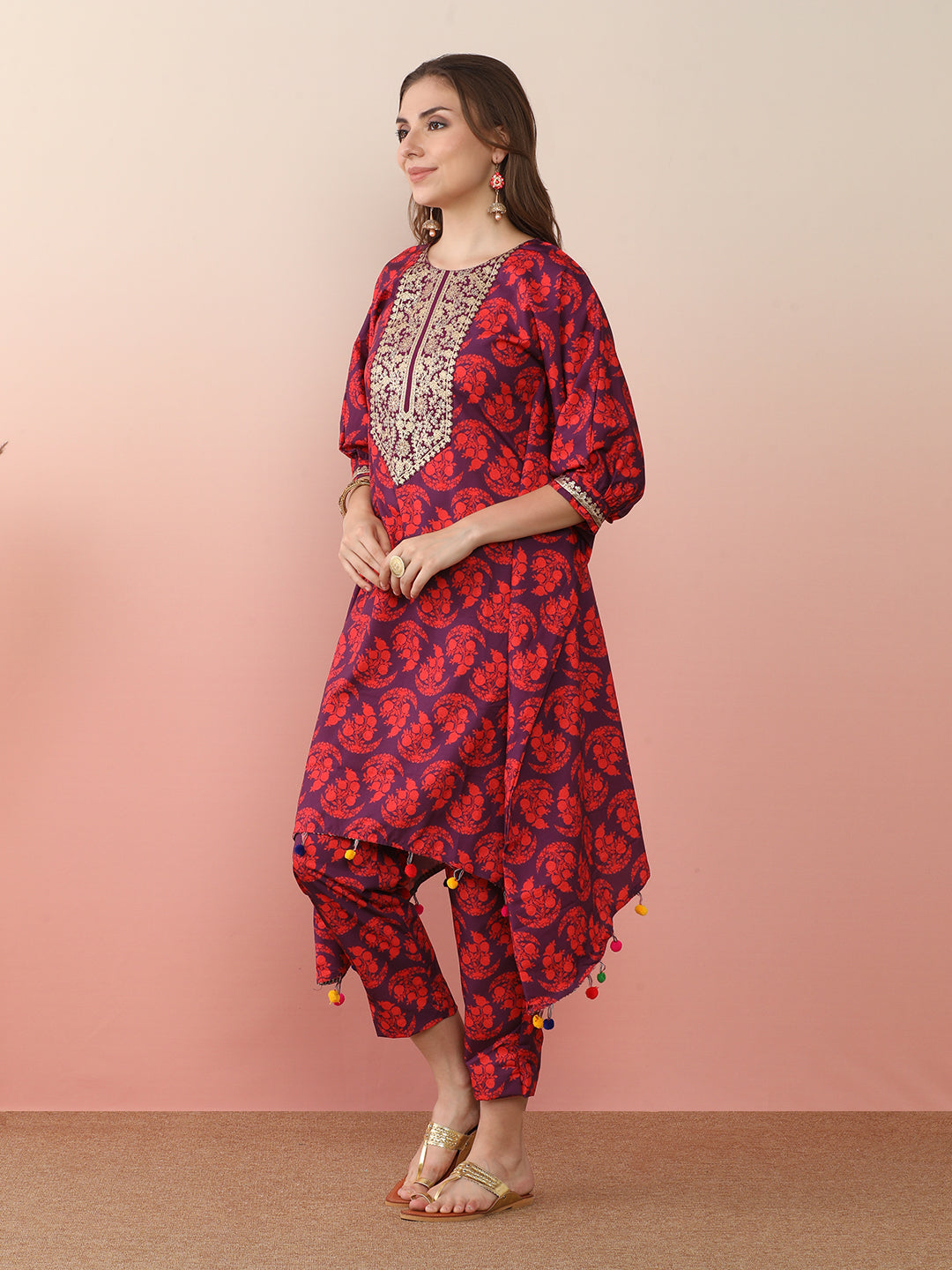 Floral Printed Regular Kaftan Kurta with Trousers