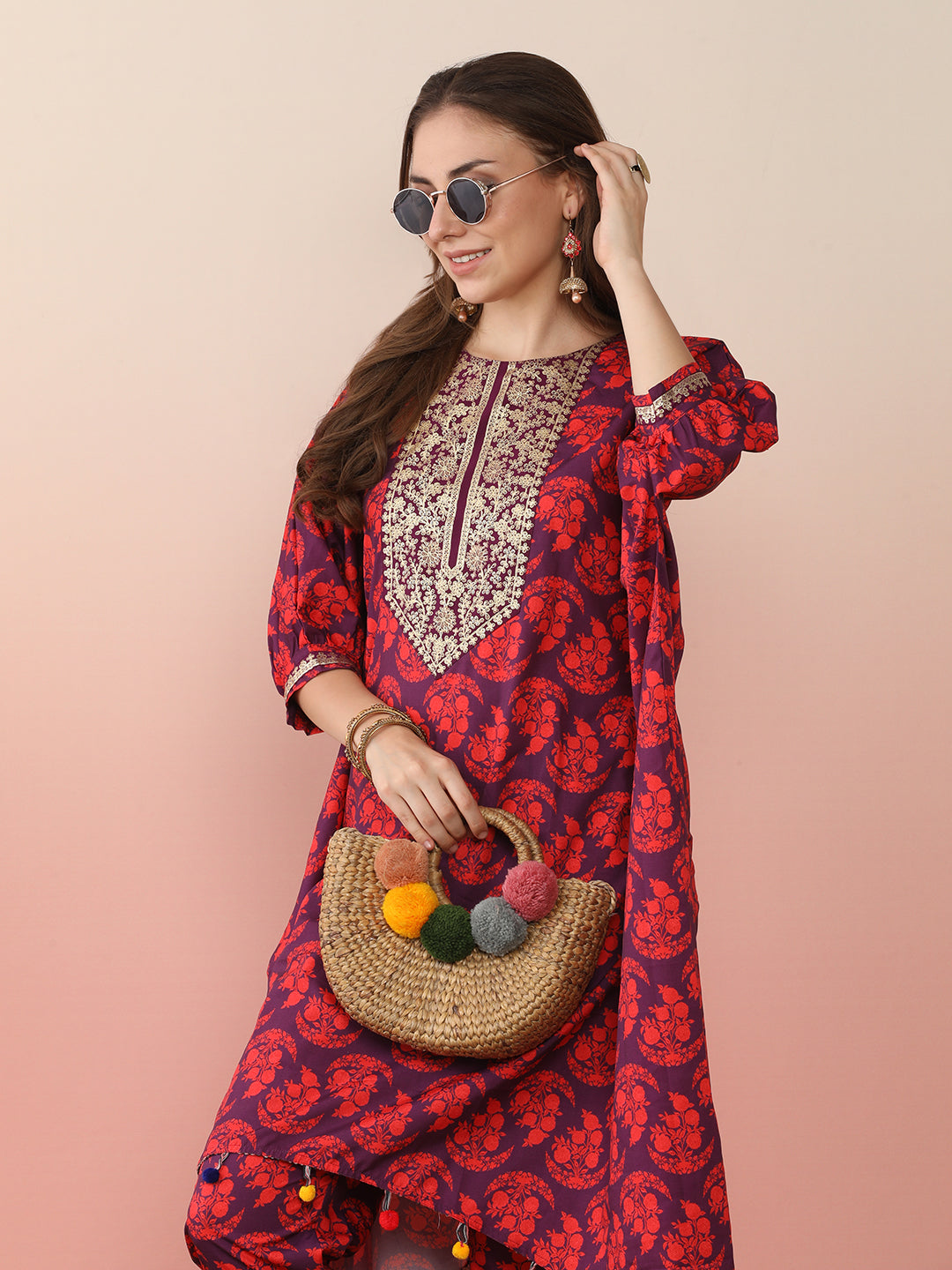 Floral Printed Regular Kaftan Kurta with Trousers