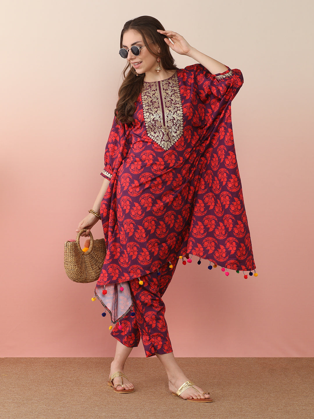 Floral Printed Regular Kaftan Kurta with Trousers