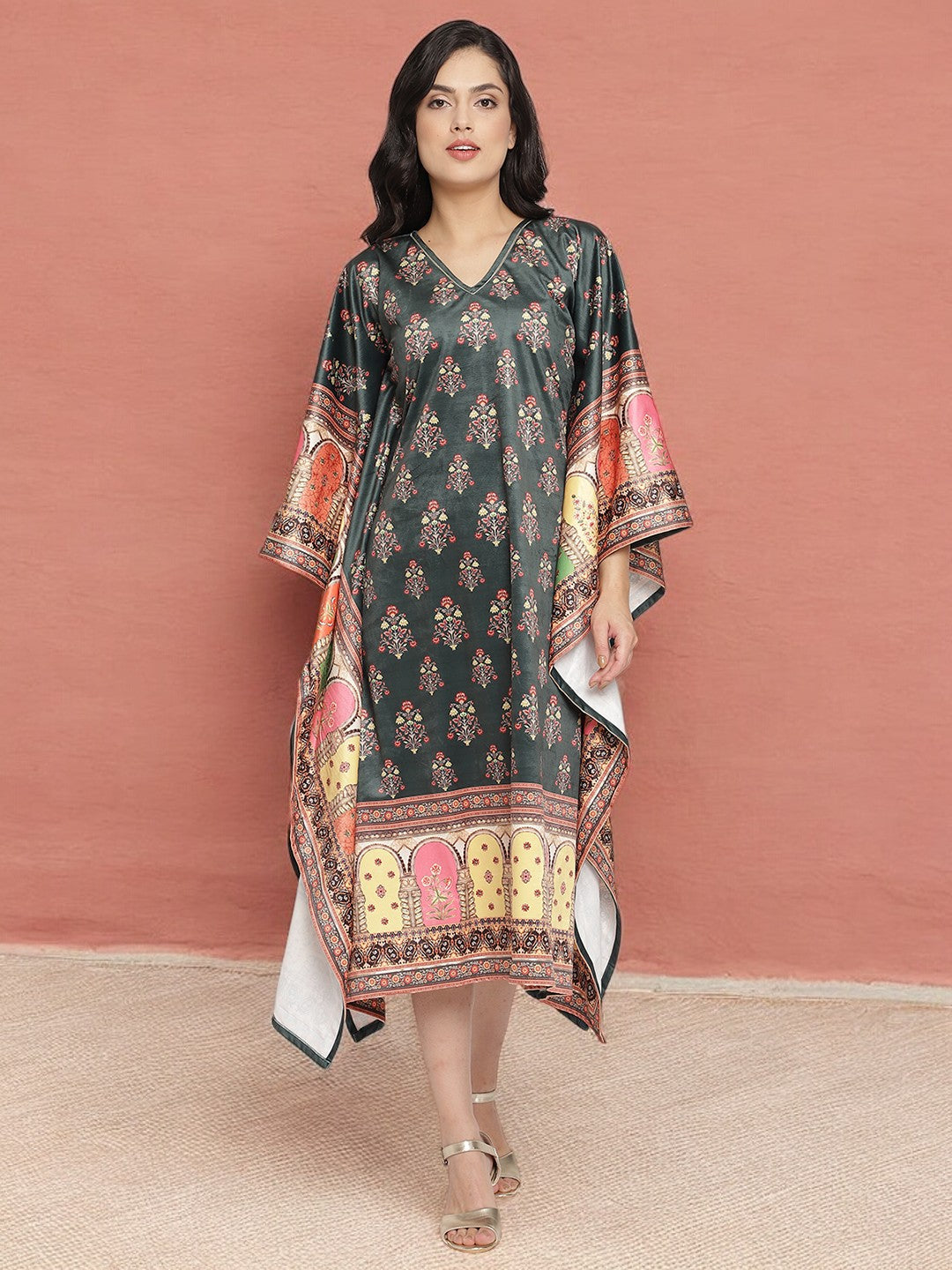 Dark Green Digital Print Velvet Kaftan