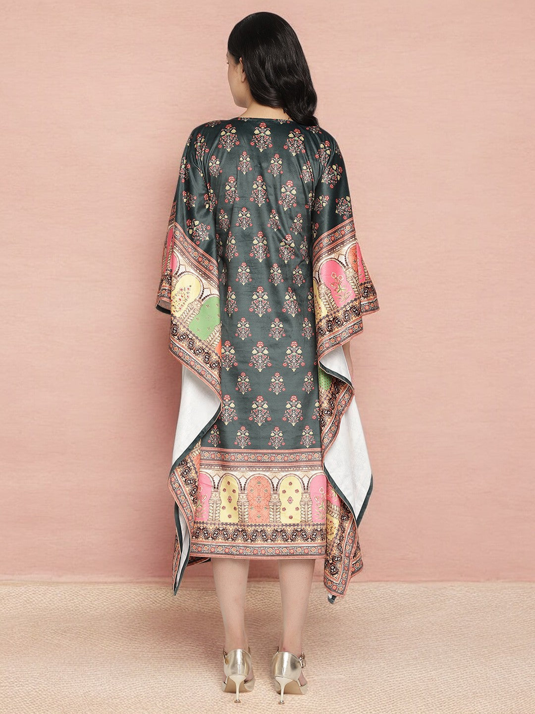 Dark Green Digital Print Velvet Kaftan