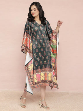 Dark Green Digital Print Velvet Kaftan