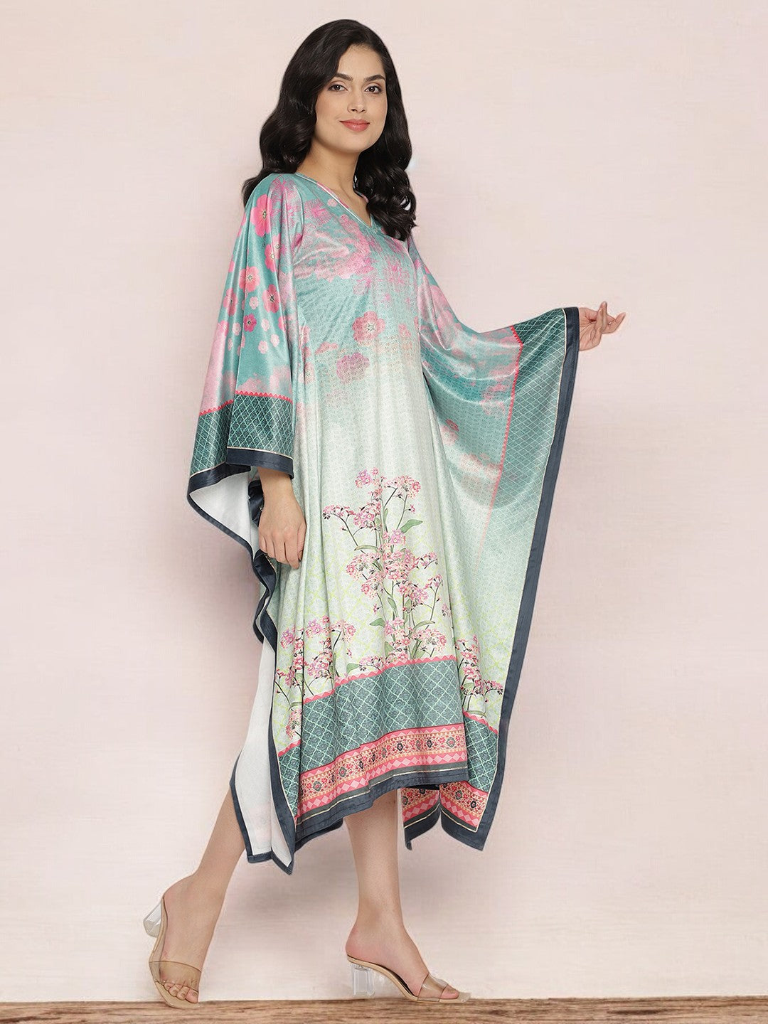 Sea Green Digital Print Velvet Kaftan