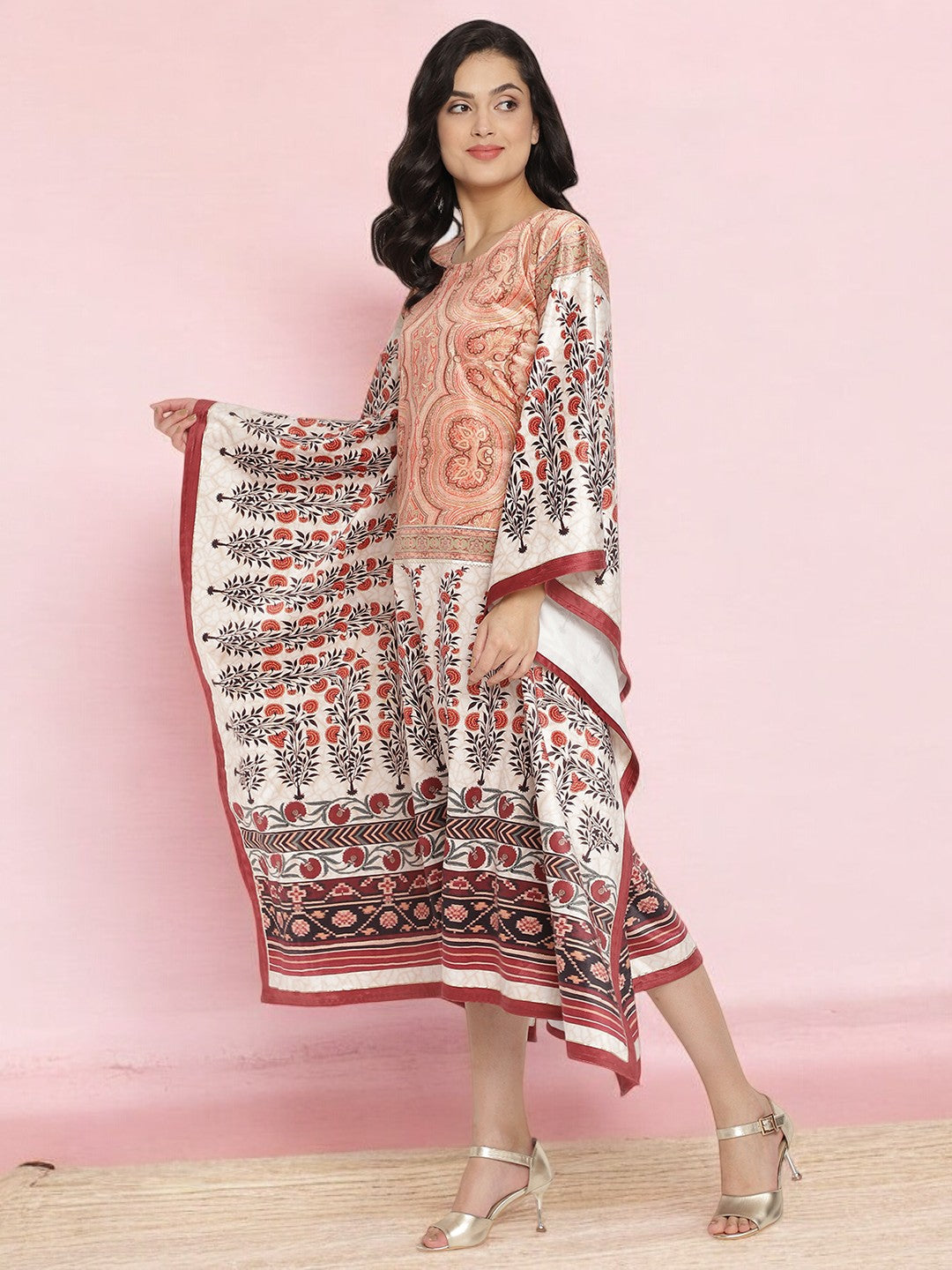 Beige Digital Print Velvet Kaftan