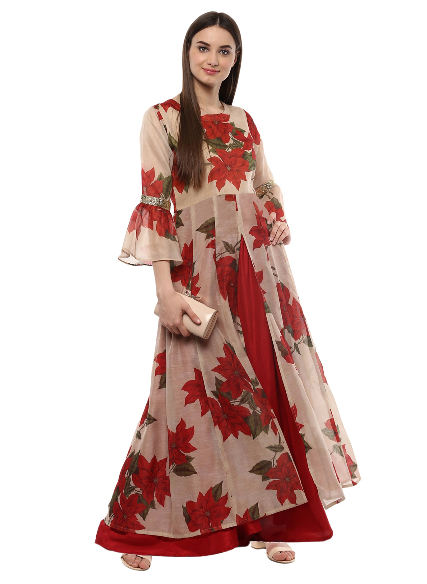 Beige & Red Chanderi Floor Length Anarkali Dress