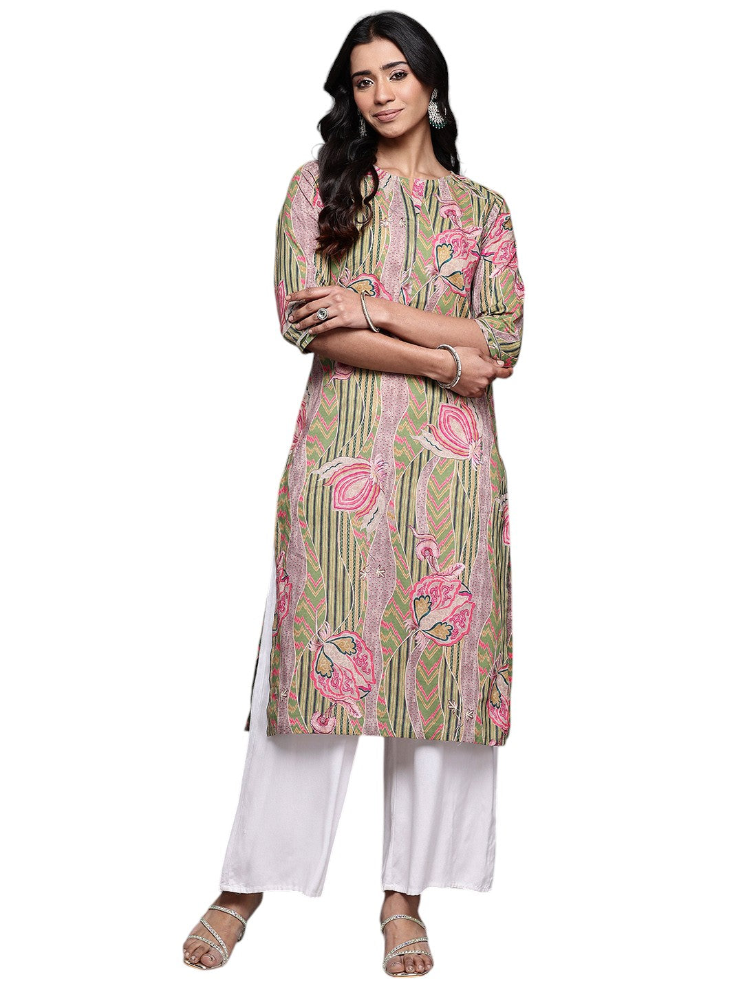 Ahalyaa Floral Printed Pure Cotton Gotta Patti Kurta