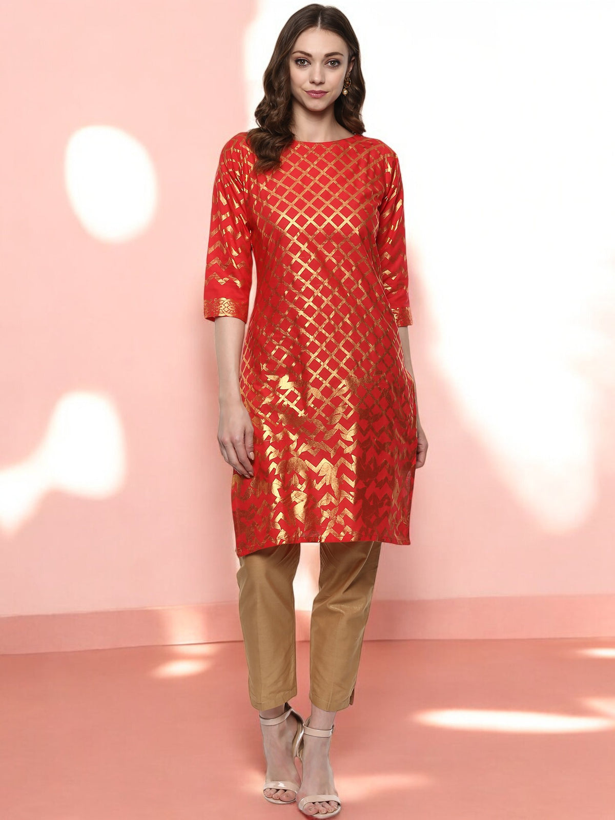 Fiery Red Cotton Blend Kurta with Metallic Gold Print