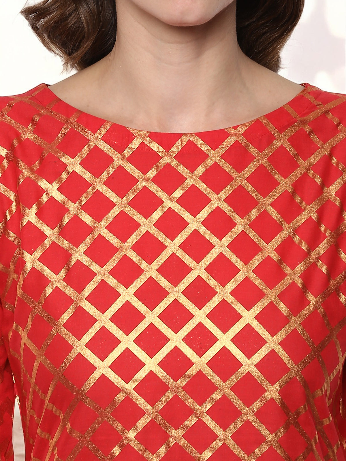 Fiery Red Cotton Blend Kurta with Metallic Gold Print