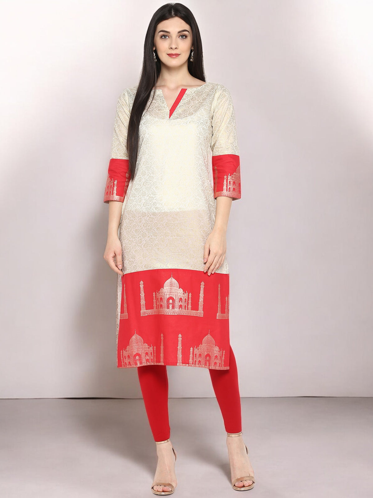 Off White & Red Metallic Printed Straight Cotton Blend Kurta