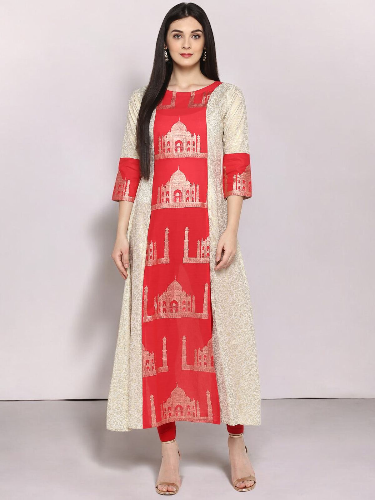 Off White & Red Kurta with Taj Mahal Print and Brocade Look