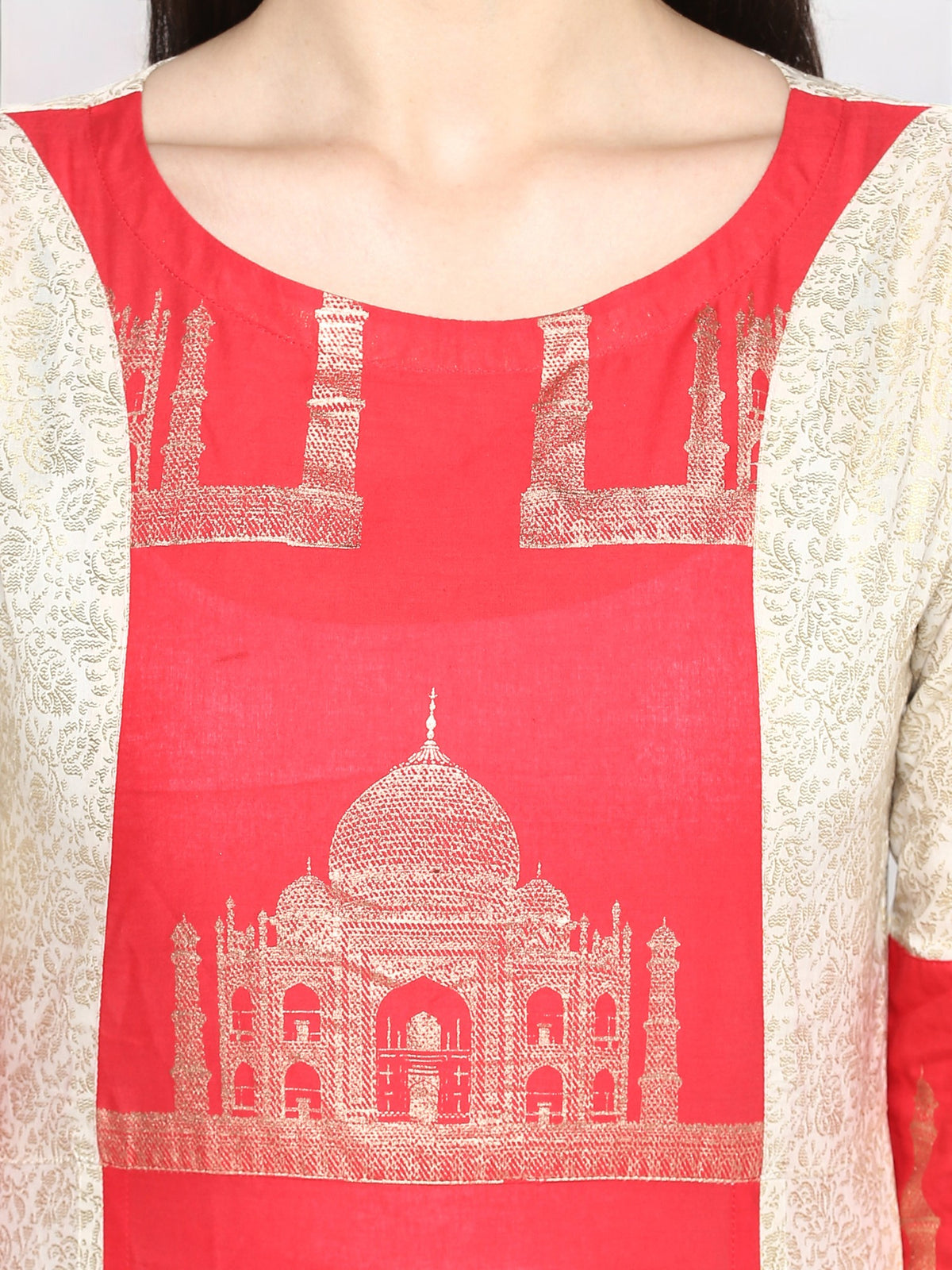 Off White & Red Kurta with Taj Mahal Print and Brocade Look