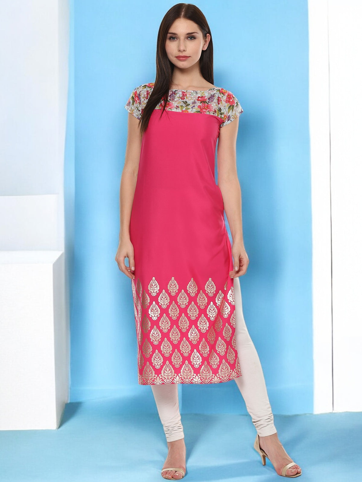 Pink Chanderi Foil Printed Kurta