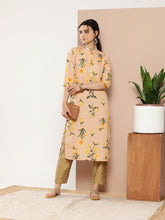 Ahalyaa Women Tan & Yellow Floral Printed Floral Crepe Kurta