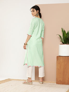 Ahalyaa Women Sea Green & Pink Striped Gotta Patti Floral Crepe Kurta