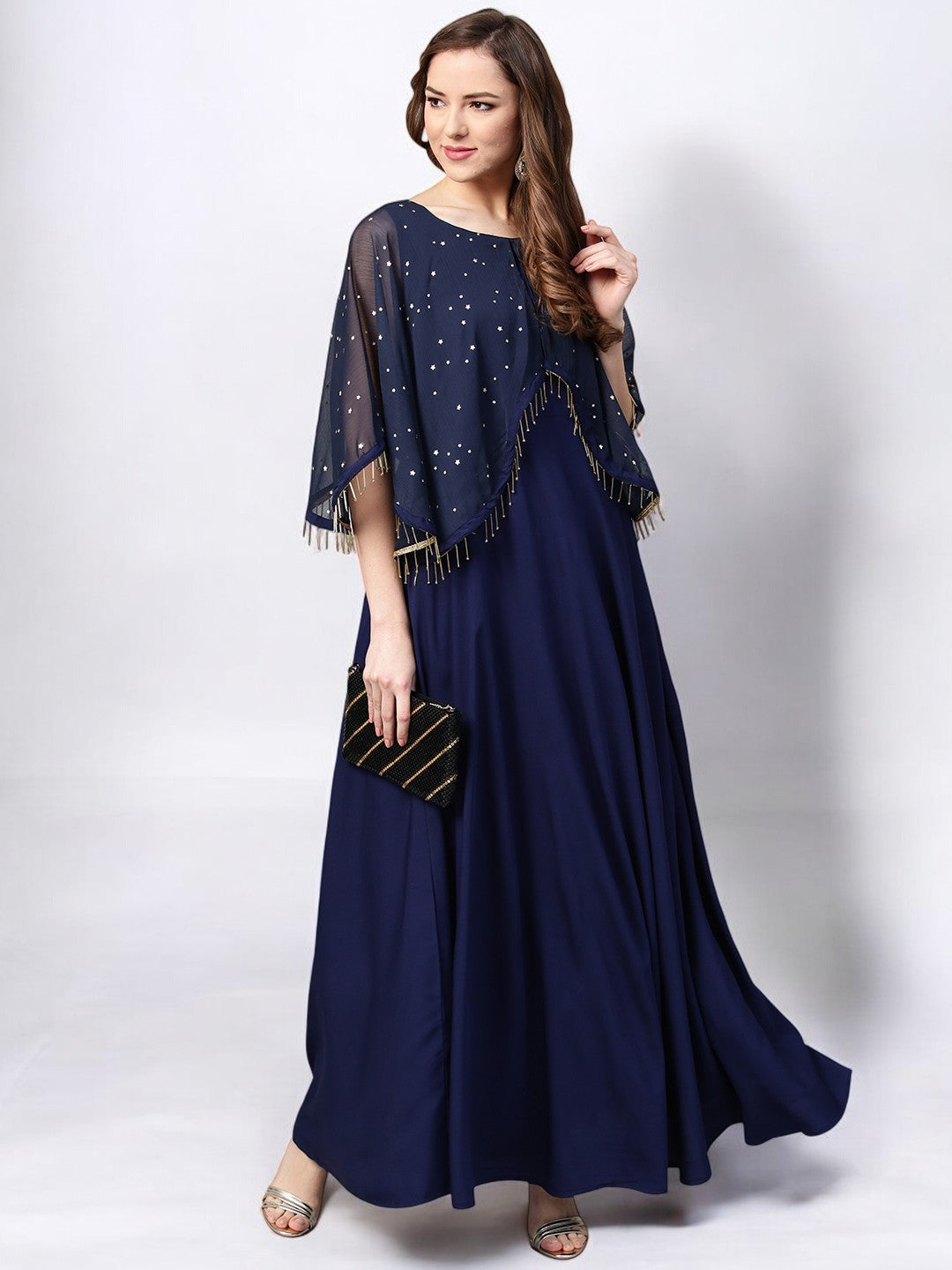 Navy Blue Solid A-Line Layered Dress