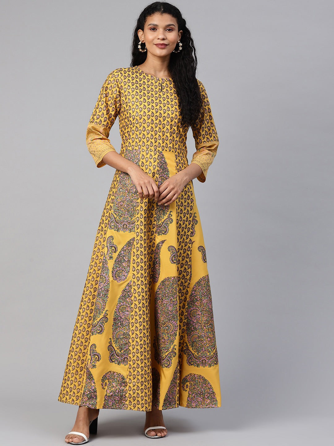 Mustard Yellow & Grey Printed Fit and Flare Maxi Dress