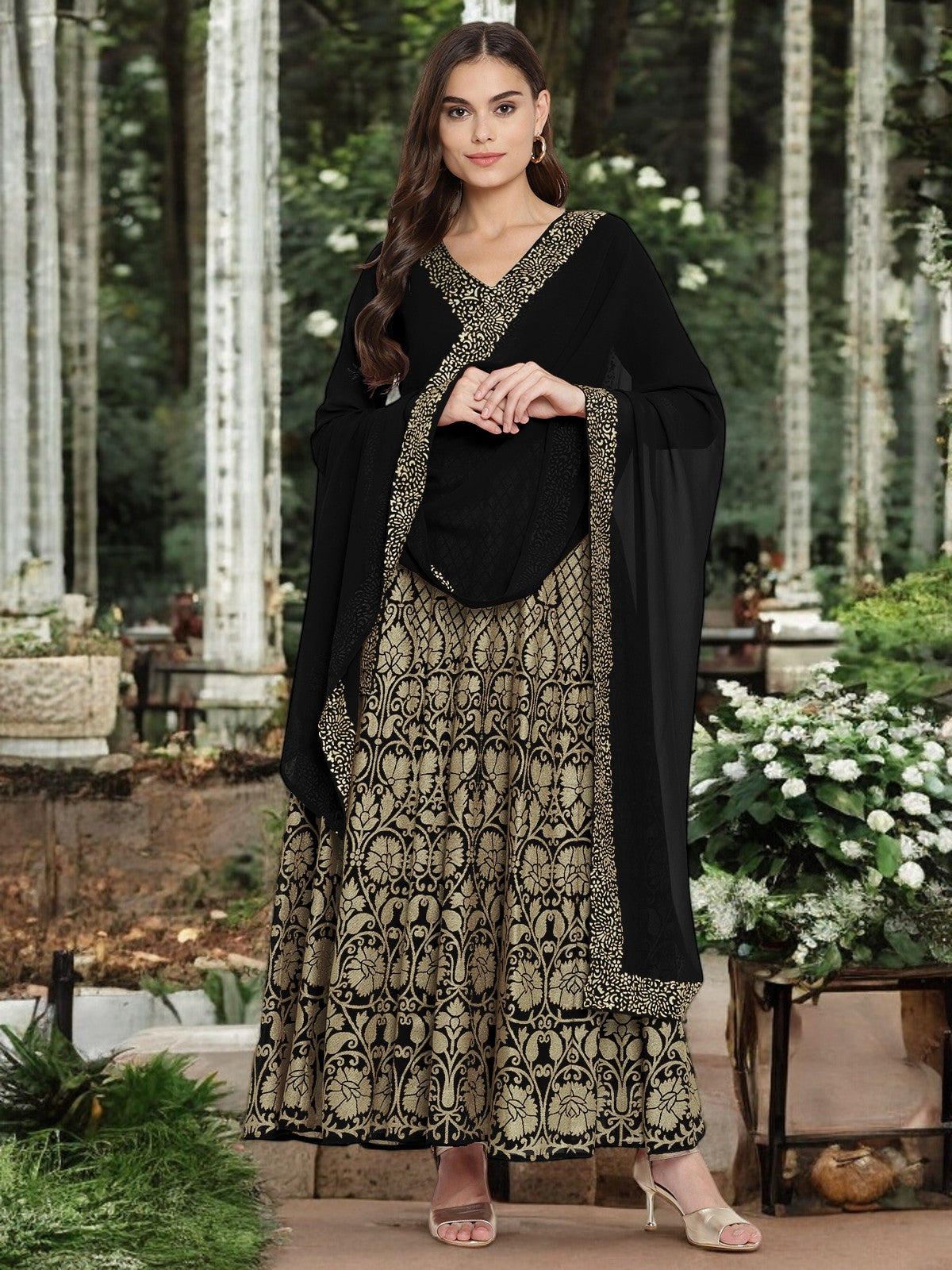 Black Georgette Gold Foil Print Flared Kurta with Dupatta