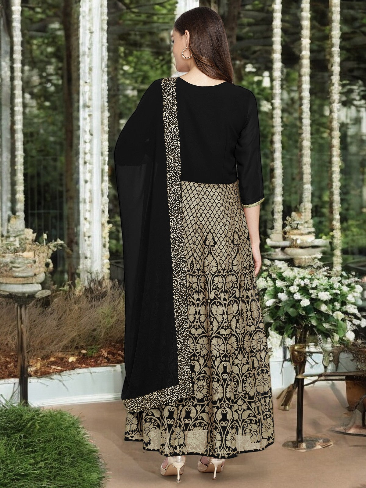 Black Georgette Gold Foil Print Flared Kurta with Dupatta