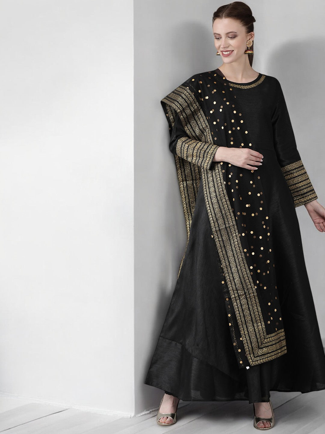 Black Solid Dress with Printed Dupatta Set