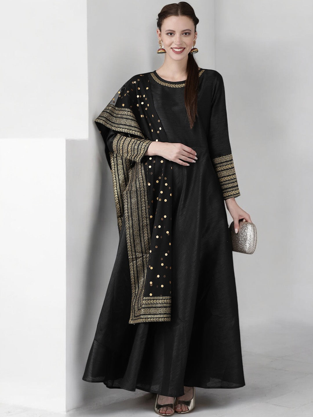 Black Solid Dress with Printed Dupatta Set