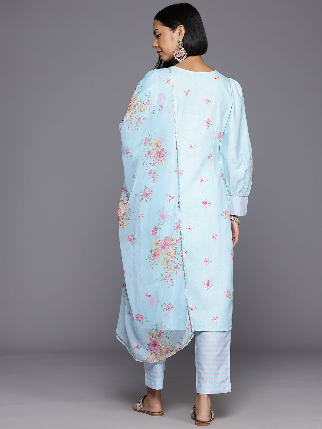 Floral Printed Beads & Stones Kurta With Trousers & Dupatta