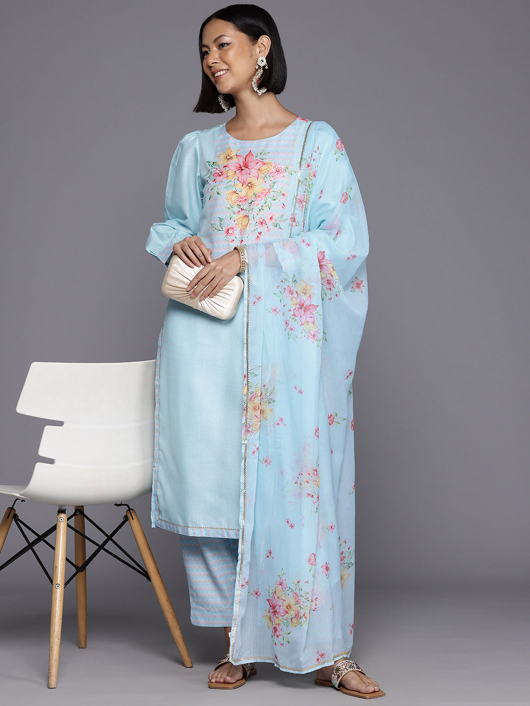 Floral Printed Beads & Stones Kurta With Trousers & Dupatta