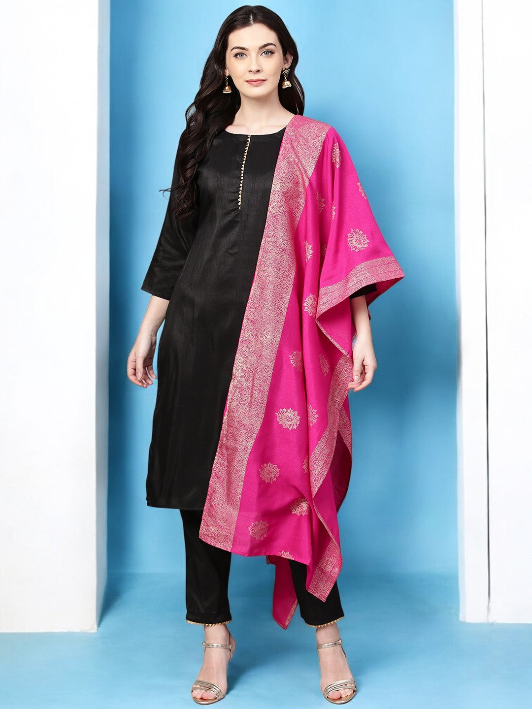 Black with Bright Pink Kurta Set