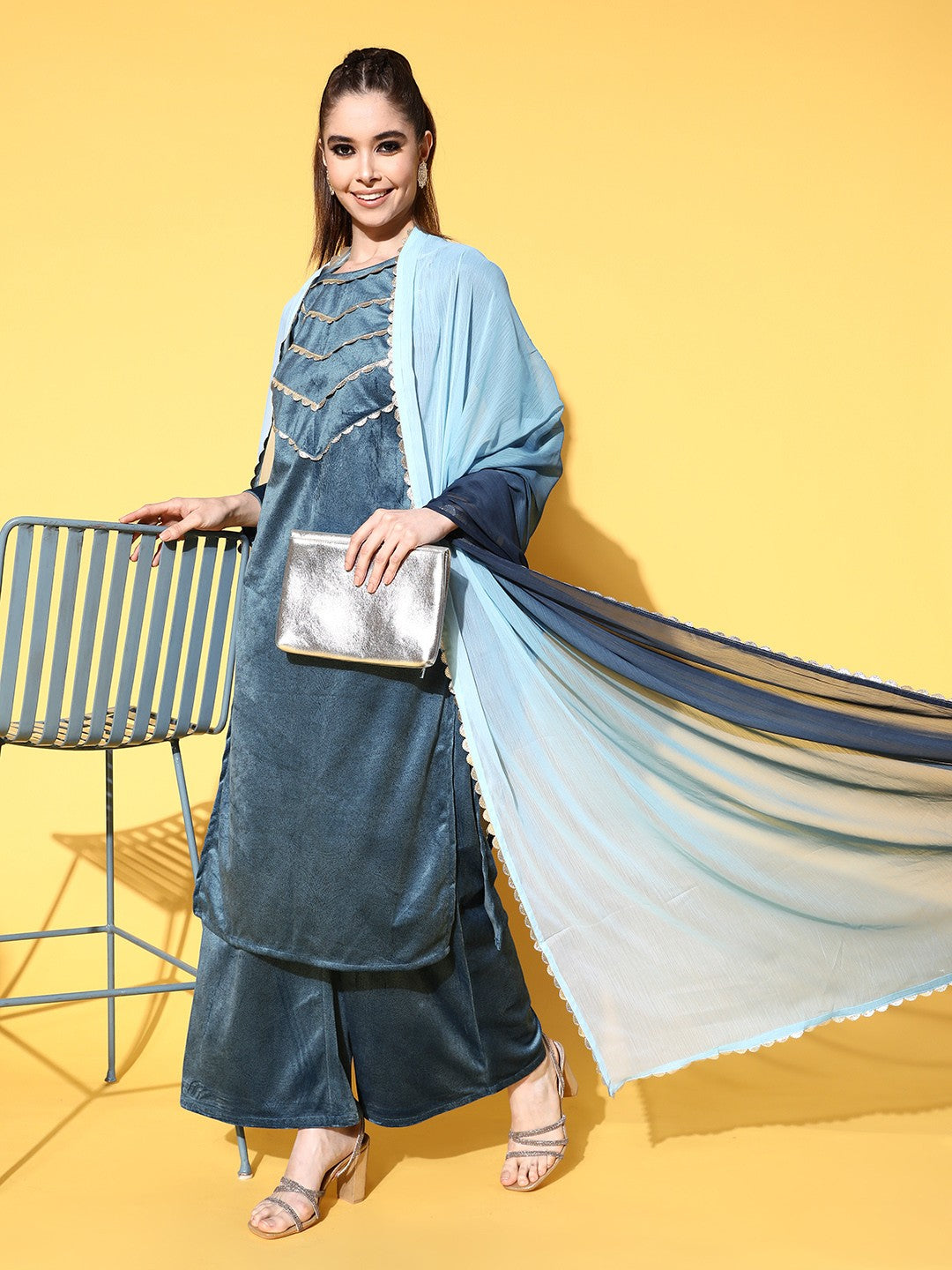 Turquoise Blue Textured Velvet Kurta with Palazzos & Dupatta