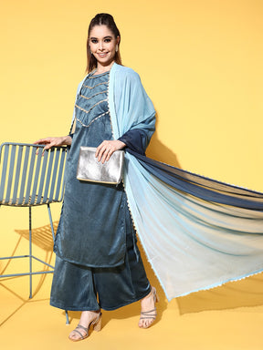 Turquoise Blue Textured Velvet Kurta with Palazzos & Dupatta