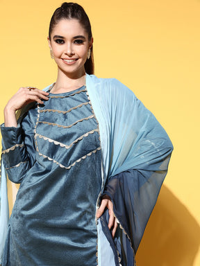 Turquoise Blue Textured Velvet Kurta with Palazzos & Dupatta