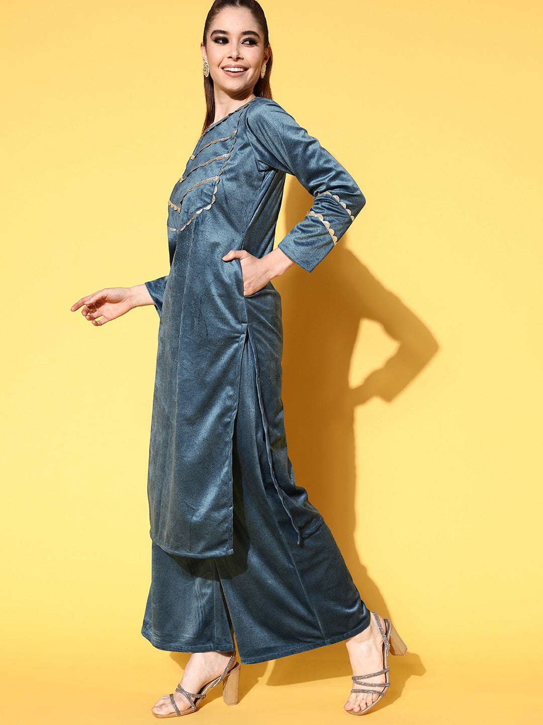 Turquoise Blue Textured Velvet Kurta with Palazzos & Dupatta